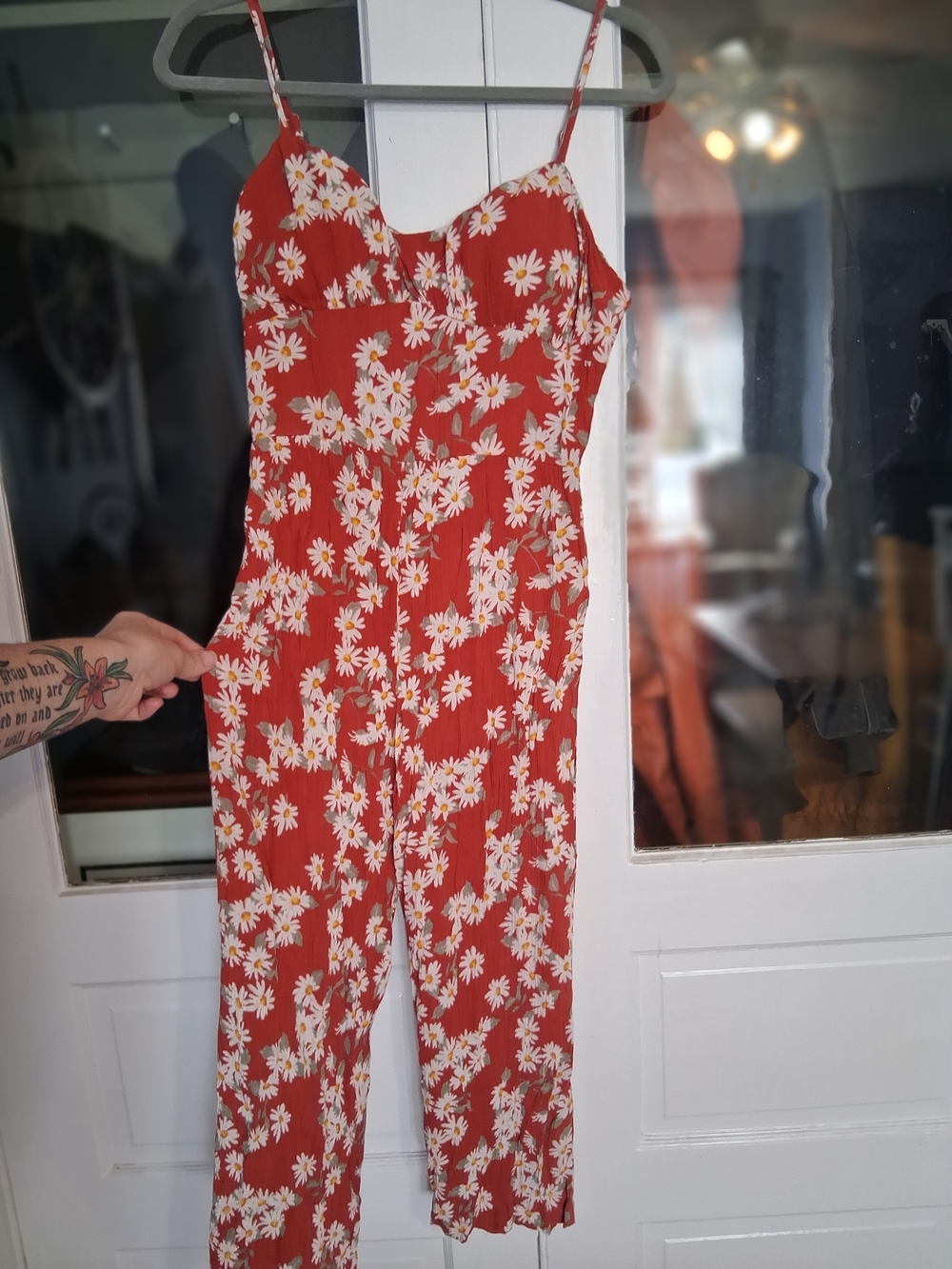 Derek Heart Red Daisy-Print Spaghetti-Strap Jumpsuit